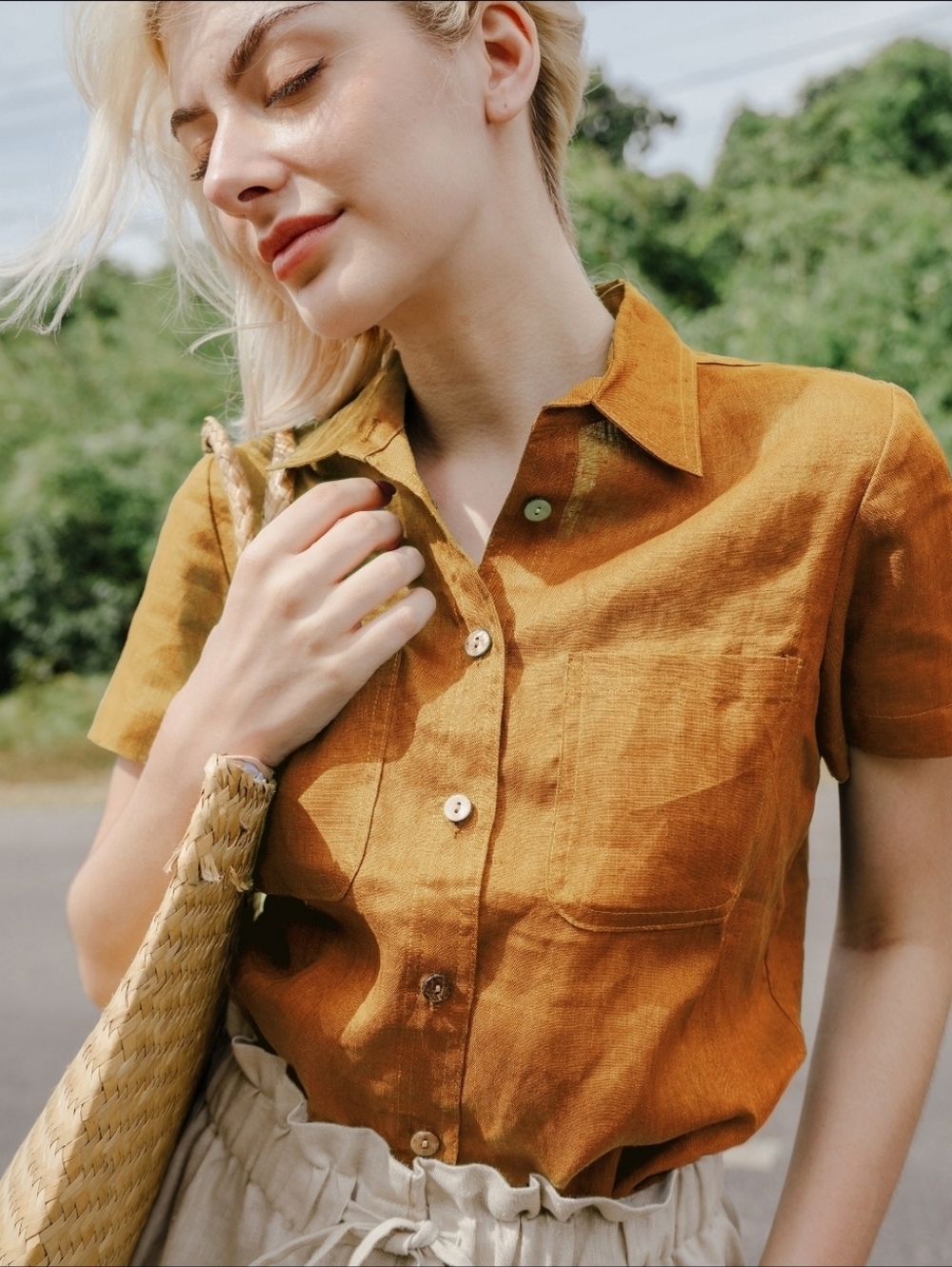 Women's Peach Colored  Linen Button Up Short Sleeve Blouse - Picture 5 of 6